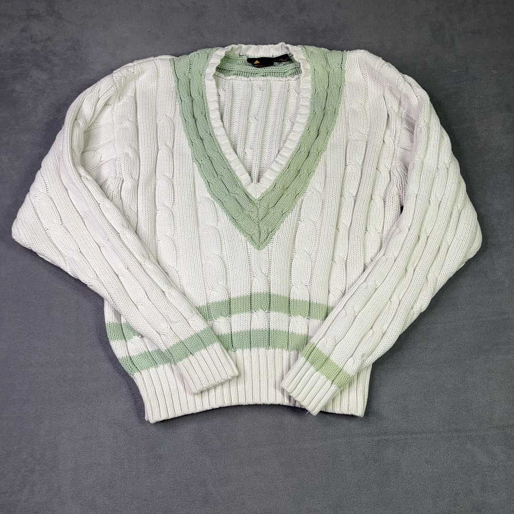Vintage Lizsport Liz Claiborne Cable Knit Sweater V-Neck White Green Size Medium